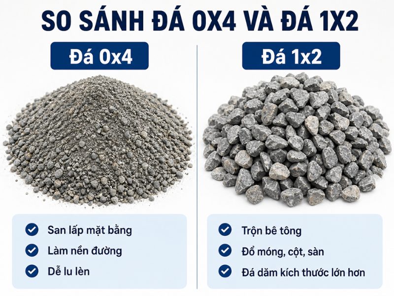 Nên dùng đá 0x4 hay đá 1x2 cho công trình? nên dùng đá 0x4 hay đá 1x2 cho công trình
