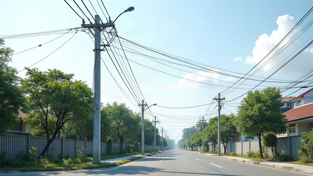 Cột điện chữ A là cột gì và đặt hàng thế nào? Cột điện bê tông vuông dựng dọc tuyến đường khu dân cư, mang cáp viễn thông và đèn chiếu sáng