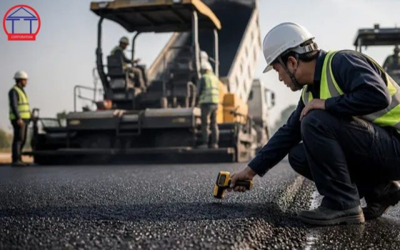 Thảm bê tông nhựa gặp trời mưa thì xử lý thế nào? Đo nhiệt độ lớp thảm bê tông nhựa ngay sau khi rải